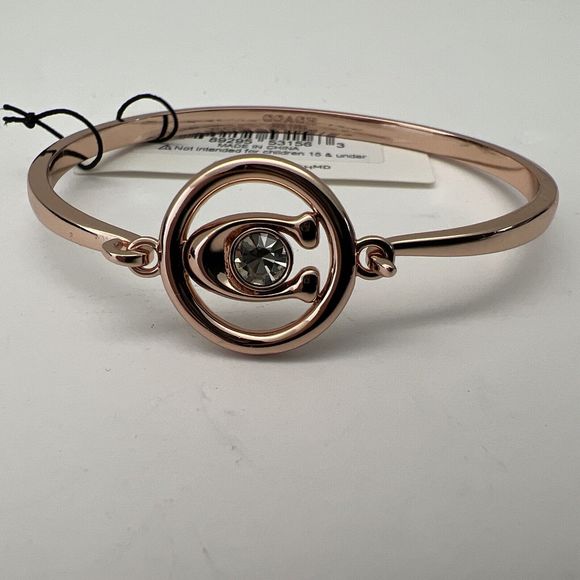 Coach Womens Logo Rose Gold Swarovski Crystal Bangle Hinged Bracelet - Picture 1 of 9
